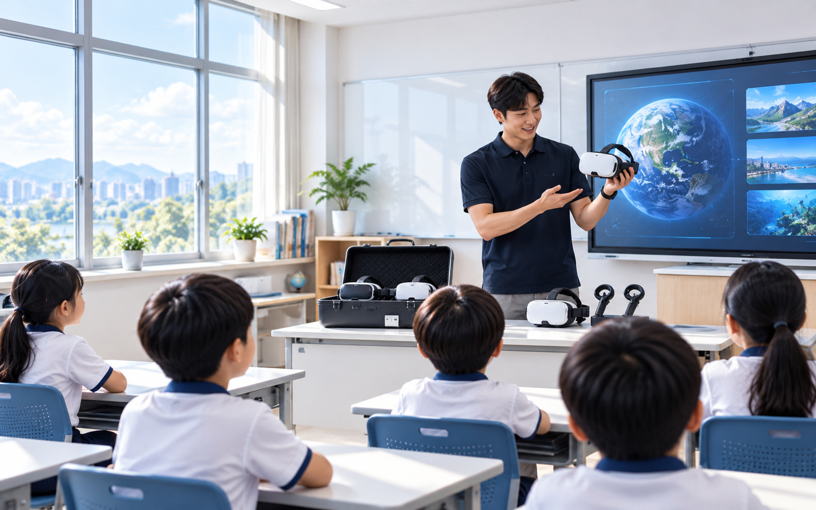 학교로 찾아가 VR 장비를 준비하고 수업하는 모습